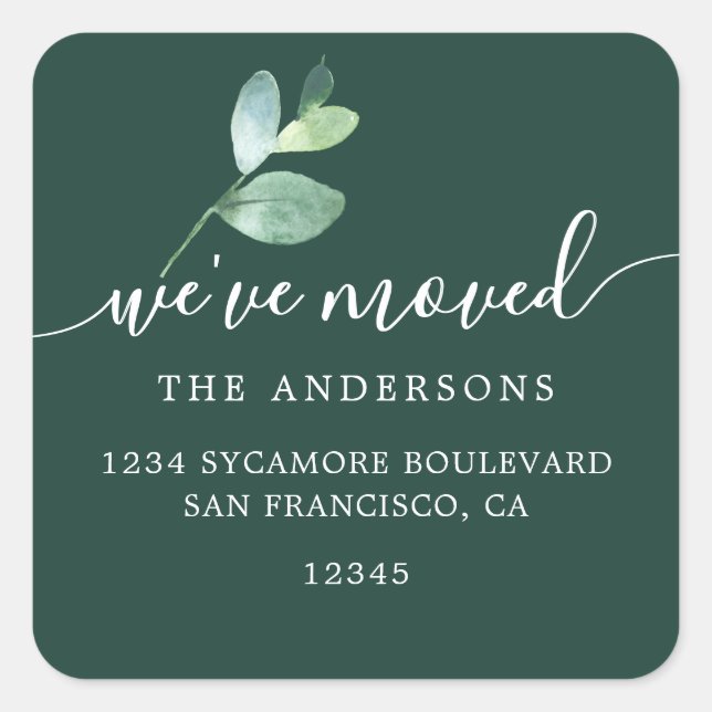Sticker Carré Dark Green Eucalyptus We’ve Moved New Address (Devant)
