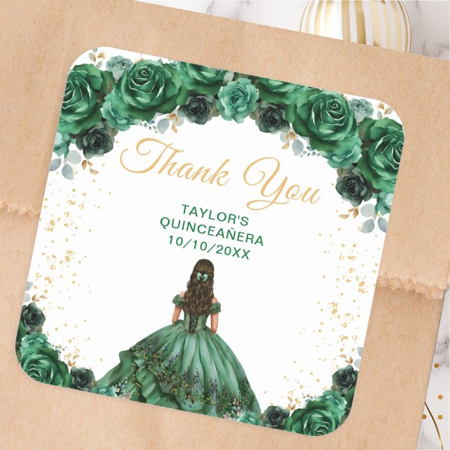 Sticker Carré Dark Green Princess Quinceañera Thank You (Créateur téléchargé)