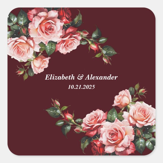 Sticker Carré Dark moody pink and red roses maroon wedding (Devant)