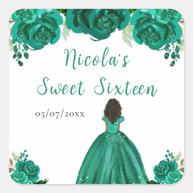 Sticker Carré Dark Skin Princess Green Floral Sweet Sixteen (Devant)