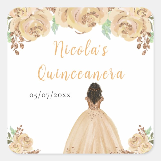 Sticker Carré Dark Skin Princess Peach Floral Quinceanera (Devant)
