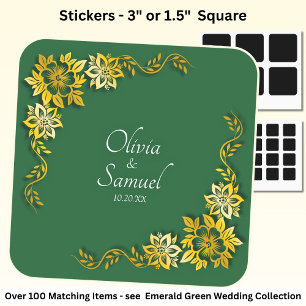 Sticker Carré Date + Mariée, Noms des Mariés Émeraude Vert & Or