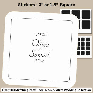 Sticker Carré Date + Mariée, Noms des Mariés Noir Blanc Infini 