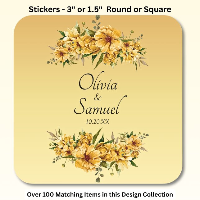 Sticker Carré Date + Noms De Mariée Et De Chambre Fleurs Jaunes  (Créateur téléchargé)