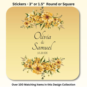 Sticker Carré Date + Noms des Mariés Fleurs Jaune Doré
