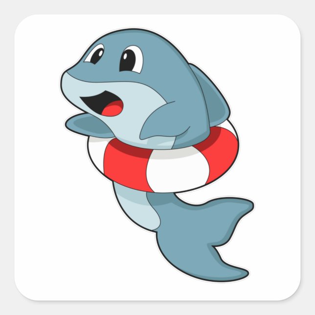 Sticker Carré Dauphin à la natation avec anneau de natation (Devant)