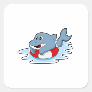 Sticker Carré Dauphin à la natation avec anneau de natation.PNG