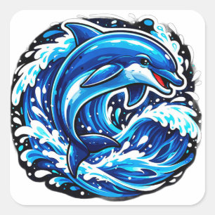 Sticker Carré Dauphin Bleu Vague Océanique Pour les Amoureux de