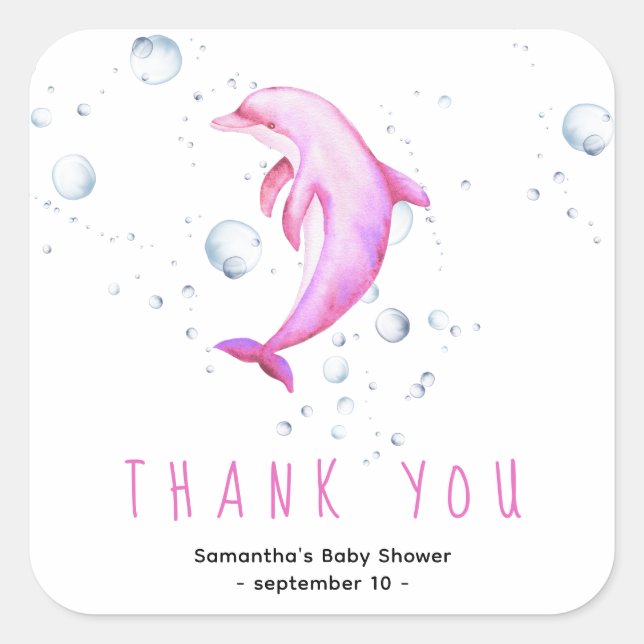 Sticker Carré Dauphin d'aquarelle - merci baby shower (Devant)
