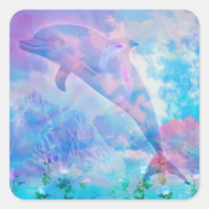 Sticker Carré Dauphin de Vaporwave dans le ciel