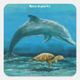 Sticker Carré Dauphin et tortue nageant ensemble !