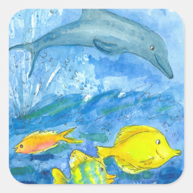 Sticker Carré Dauphin Jaune Tang Poisson Tropical (Devant)