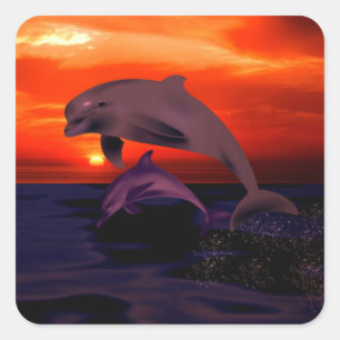 Sticker Carré Dauphins de saut nautique Coucher de soleil orange
