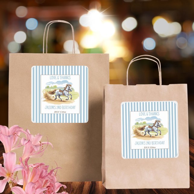 Sticker Carré De deux courses d'anniversaire équestre (Off two the races horses equestrian pony birthday party thank you favor printed sticker template)