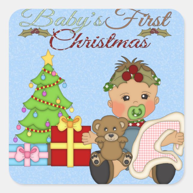 Sticker Carré de Noël de la 1ère fille de bébé (Devant)