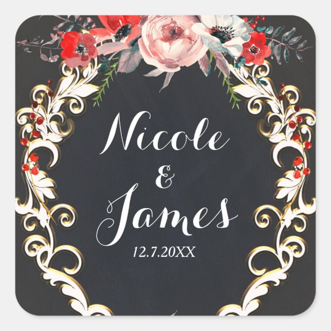 Sticker Carré Décembre Mariage d'hiver Holly Berry Favori Floral (Devant)