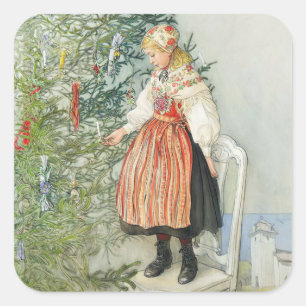 Sticker Carré Décorer l'arbre de Noël - Carl Larsson