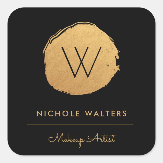 Sticker Carré Deep Black Faux Foil Gold Monogramme Entreprise (Devant)