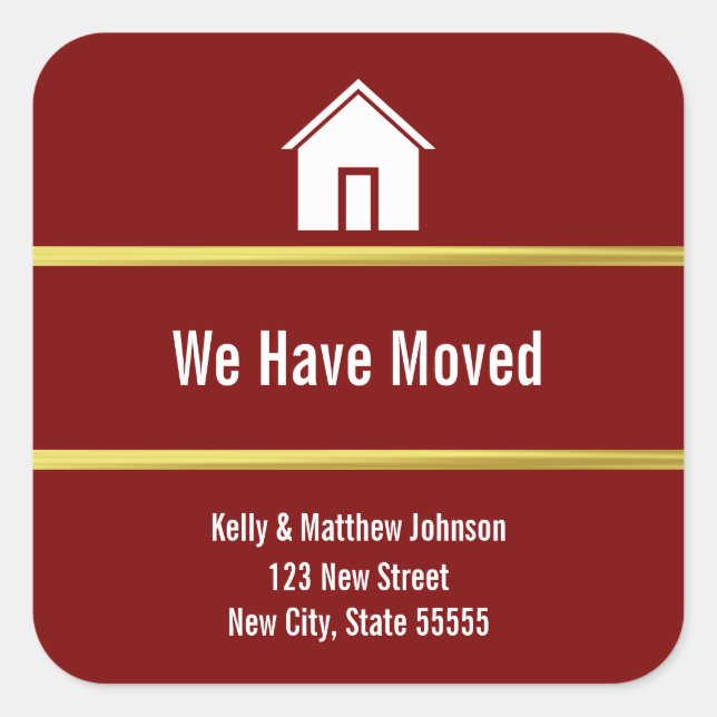 Sticker Carré Deep Red White and Faux Gold Moving Announcement (Devant)