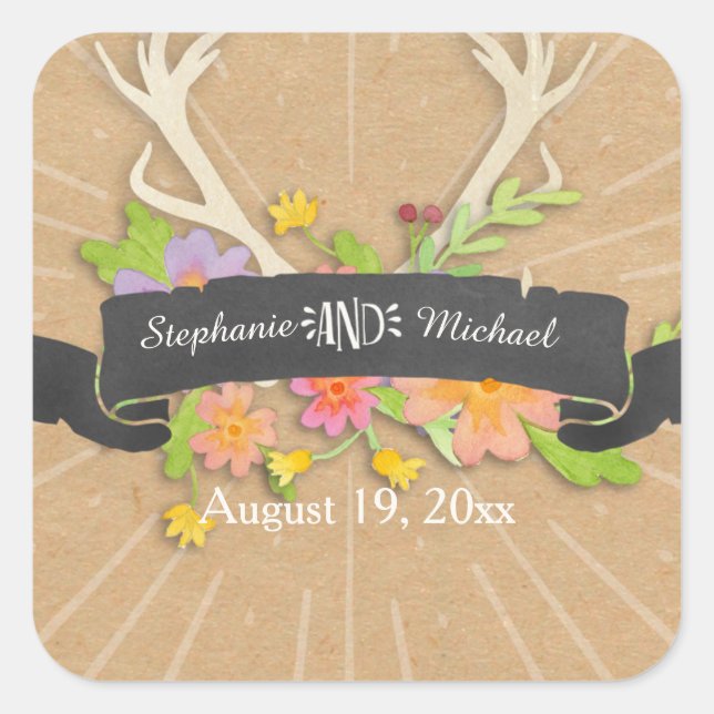 Sticker Carré Deer Antler Fleur sauvage Starburst Rustique Maria (Devant)