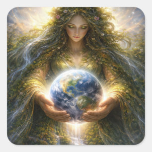 Sticker Carré Déesse Gaïa tenant doucement la planète Terre