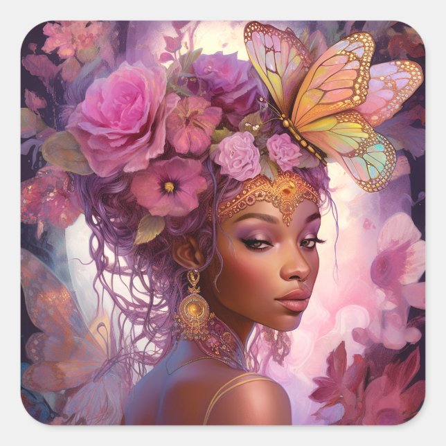 Sticker Carré Déesse noire Art Imaginaire rose violet (Devant)
