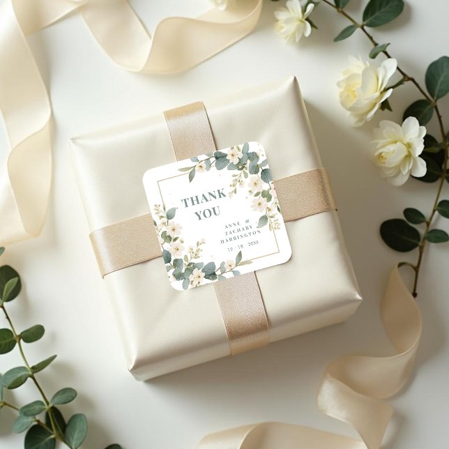 Sticker Carré Delicate Romantic Floral and Branch Frame Wedding  (Delicate Romantic Floral and Branch Frame Wedding Thank You Square Stickers )