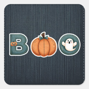 Sticker Carré Denim BOO Rustique Campagne Citrouille Fantôme Hal