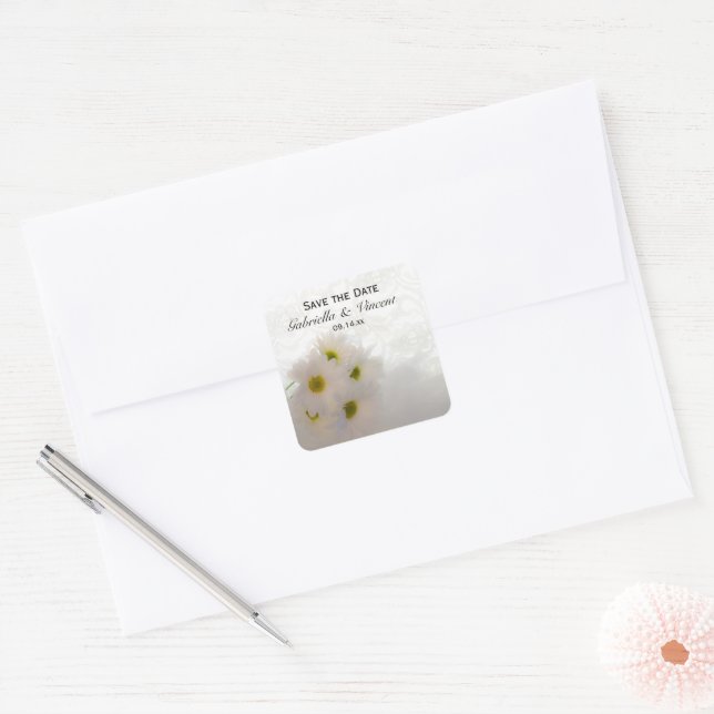 Sticker Carré Dentelle blanche et marguerites mariage Enregistre (Enveloppe)