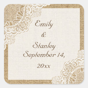 Sticker Carré Dentelle blanche rustique sur burlap mariage Enreg