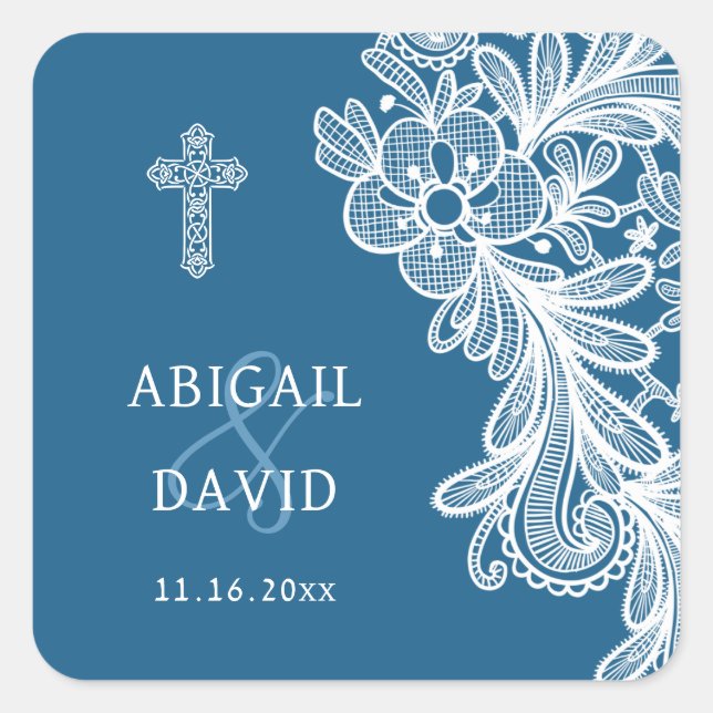 Sticker Carré Dentelle blanche sur le Mariage religieux bleu (Devant)