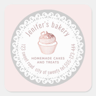 Sticker Carré Dentelle dorée rose cupcakes et gâteries maison