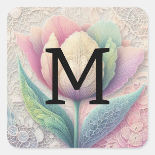 Sticker Carré Dentelle monogramme florale rose violet bleu tulip