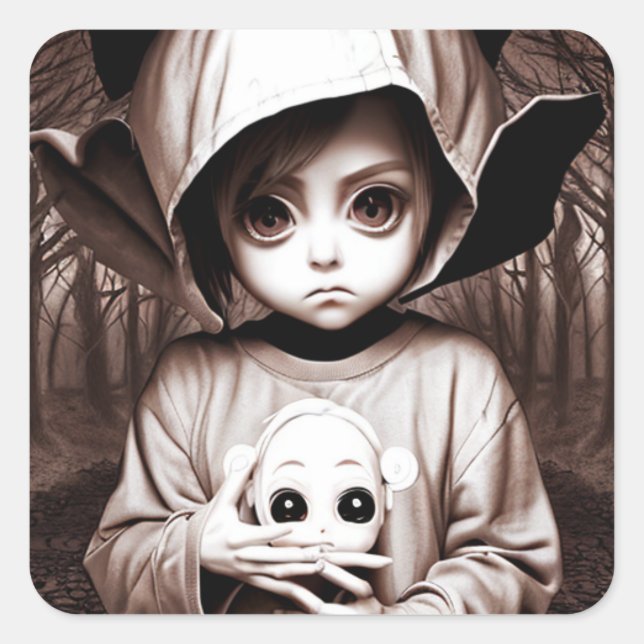 Sticker Carré Déplaisante fille Big Eyed Chibi poupée (Devant)