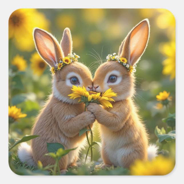 Sticker Carré Des lapins odorent un tournesol jaune (Devant)