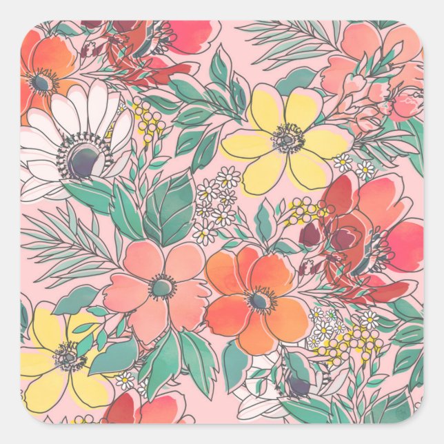 Sticker Carré Design à motif floral rose mignon (Devant)