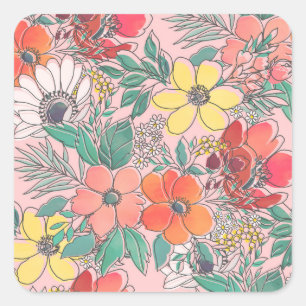Sticker Carré Design à motif floral rose mignon