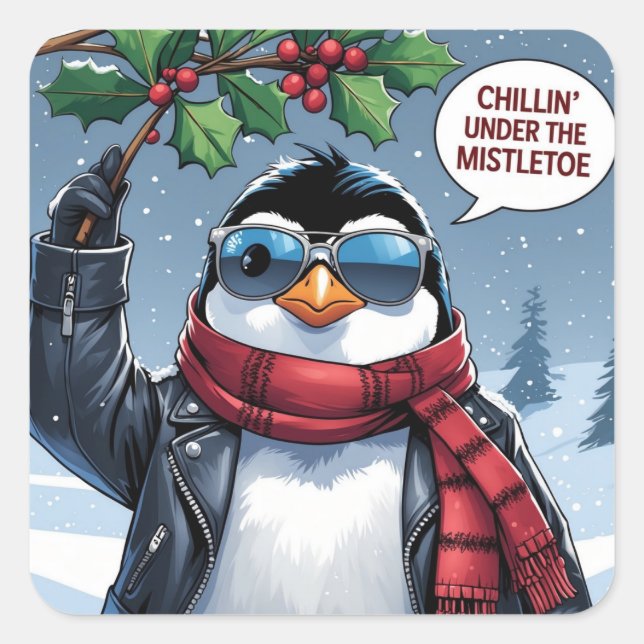 Sticker Carré Design de manchot de Noël cool – “Chillin’ (Devant)