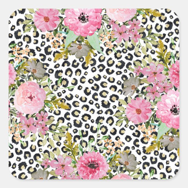 Sticker Carré Design Empreinte de léopard et floral élégant (Devant)