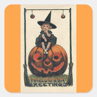 Sticker Carré Designs Halloween sorcière vintage