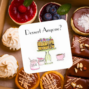 Sticker Carré Dessert pour quelqu'un? Gâteau Charlotte aquarelle