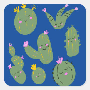 Sticker Carré Dessin animé de cactus drôle bleu