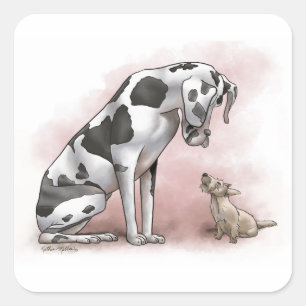 Sticker Carré Dessin animé de Dogue Allemand et Terrier Écossais