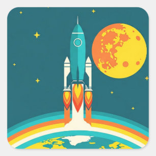 Sticker Carré Dessin animé de fusée spatiale mignonne
