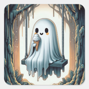 Sticker Carré Dessin animé Halloween Fantôme avec cône de glace