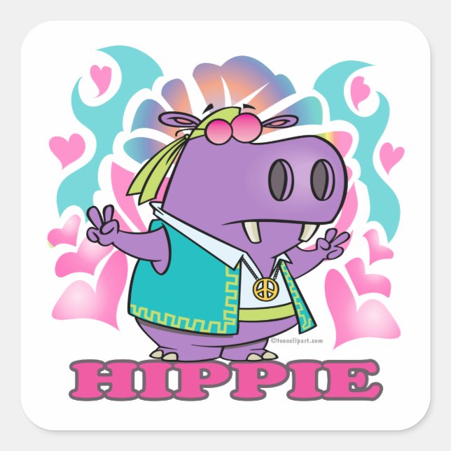 Sticker Carré dessin animé hippie hippie avec texte (Devant)