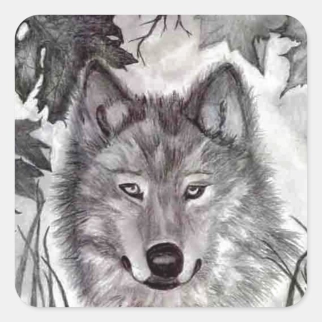 Sticker Carré Dessin au crayon Wolfe d'automne (Devant)