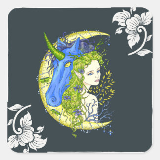 Sticker Carré Dessin de fille douce et licorne
