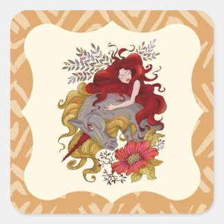 Sticker Carré Dessin De Fleurs Douces Et Unicorne