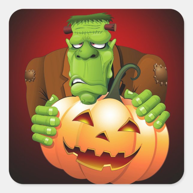Sticker Carré Dessin de Frankenstein Monster avec Citrouille (Devant)
